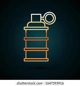 Icono de la granada de mano de la línea dorada aislado en fondo azul oscuro. Explosión de bomba.  Ilustración vectorial