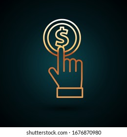 Gold line Hand holding coin icon isolated on dark blue background. Dollar or USD symbol. Cash Banking currency sign.  Vector Illustration