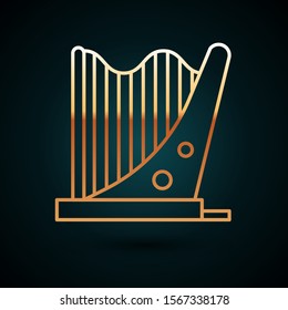 Gold line Harp icon isolated on dark blue background. Classical music instrument, orhestra string acoustic element.  Vector Illustration