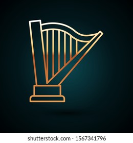 Gold line Harp icon isolated on dark blue background. Classical music instrument, orhestra string acoustic element.  Vector Illustration