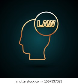Gold line Head with law icon isolated on dark blue background.  Vector Illustration