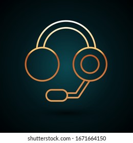 Gold line Headphones icon isolated on dark blue background. Earphones. Concept for listening to music, service, communication and operator.  Vector Illustration