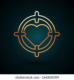 Gold line Heart in the center of darts target aim icon isolated on dark blue background. Valentines day.  Vector Illustration