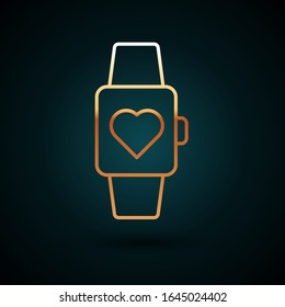 Gold line Heart in the center wrist watch icon isolated on dark blue background. Valentines day.  Vector Illustration
