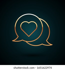 Gold line Heart in speech bubble icon isolated on dark blue background.  Vector Illustration