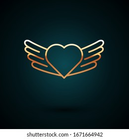 Gold line Heart with wings icon isolated on dark blue background. Love symbol. Valentines day.  Vector Illustration