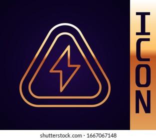 Línea dorada Icono de alto voltaje aislado en fondo negro. Símbolo de peligro. Flecha en triángulo. Icono de advertencia. Ilustración vectorial