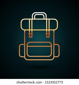 Gold line Hiking backpack icon isolated on dark blue background. Camping and mountain exploring backpack.  Vector Illustration