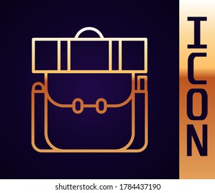 Gold line Hiking backpack icon isolated on black background. Camping and mountain exploring backpack.  Vector Illustration