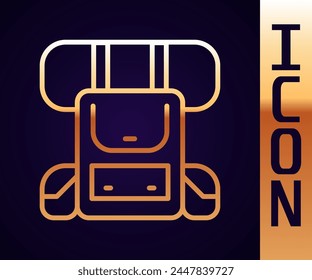 Icono de la mochila de senderismo de la línea dorada aislado sobre fondo negro. Mochila de camping y montaña.  Vector