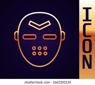 Gold line Hockey mask icon isolated on black background.  Vector Illustration