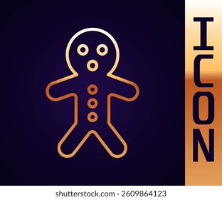 Gold line Holiday gingerbread man cookie icon isolated on black background. Cookie in shape of man with icing.  Vector