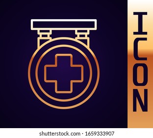 Gold line Hospital signboard icon isolated on black background.  Vector Illustration