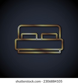 Gold line Hotel room bed icon isolated on black background.  Vector