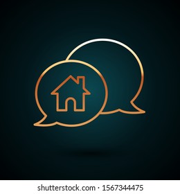 Gold line House building in speech bubble icon isolated on dark blue background. Real estate concept.  Vector Illustration