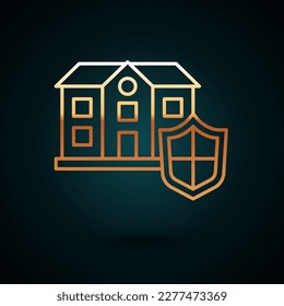 Casa de línea dorada con icono de escudo aislado en fondo azul oscuro. Concepto de seguro. Seguridad, seguridad, protección, concepto de protección.  Vector
