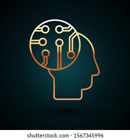 Gold line Human brain as digital circuit board icon isolated on dark blue background. Human head outline with circuit lines inside.  Vector Illustration