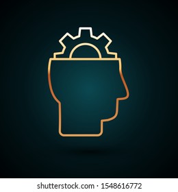 Gold line Human with gear inside icon isolated on dark blue background. Artificial intelligence. Thinking brain sign. Symbol work of brain.  Vector Illustration