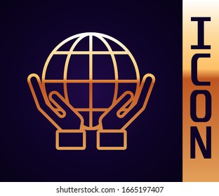 Gold line Human hands holding Earth globe icon isolated on black background. Save earth concept.  Vector Illustration