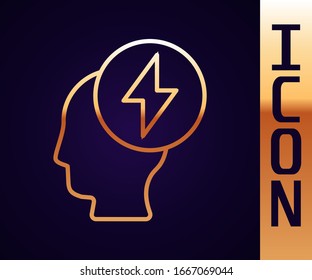 Gold line Human head and electric symbol icon isolated on black background.  Vector Illustration