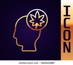 Gold line Human head with leaf icon isolated on black background.  Vector Illustration