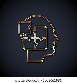 Gold line Human head puzzles strategy icon isolated on black background. Thinking brain sign. Symbol work of brain.  Vector