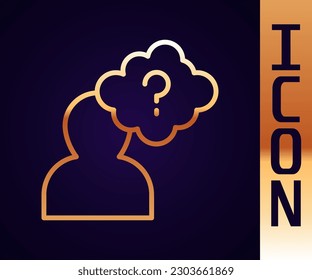 Gold line Human head with question mark icon isolated on black background.  Vector