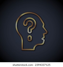 Gold line Human head with question mark icon isolated on black background.  Vector