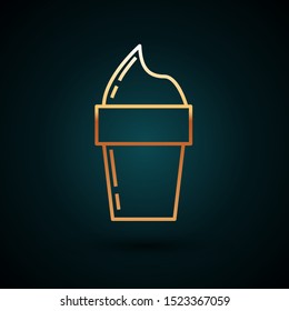 Gold line Ice cream in waffle cone icon isolated on dark blue background. Sweet symbol.  Vector Illustration