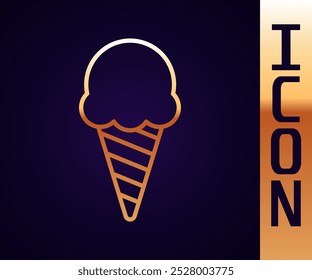 Gold line Ice cream in waffle cone icon isolated on black background. Sweet symbol.  Vector Illustration