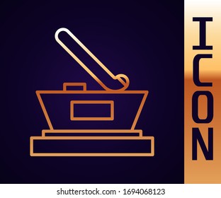 Gold line Ice hockey cup champion icon isolated on black background. Hockey trophy.  Vector Illustration