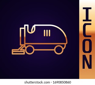 Gold line Ice resurfacer icon isolated on black background. Ice resurfacing machine on rink. Cleaner for ice rink and stadium.  Vector Illustration