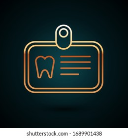 Gold line Id card with tooth icon isolated on dark blue background.  Vector Illustration