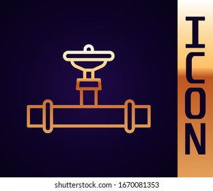 Gold line Industry metallic pipe and valve icon isolated on black background.  Vector Illustration