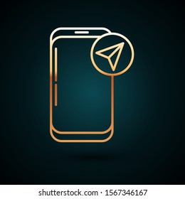 Gold line Infographic of city map navigation icon isolated on dark blue background. Mobile App Interface concept design. Geolacation concept.  Vector Illustration