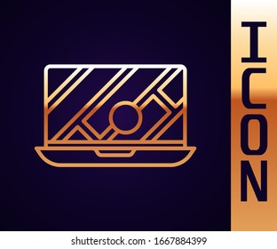 Gold line Infographic of city map navigation icon isolated on black background. Laptop App Interface concept design. Geolocation concept.  Vector Illustration