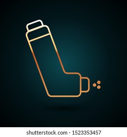 Gold line Inhaler icon isolated on dark blue background. Breather for cough relief, inhalation, allergic patient. Medical allergy asthma inhaler spray.  Vector Illustration