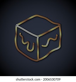 Gold line Isometric cube icon isolated on black background. Geometric cubes solid icon. 3D square sign. Box symbol.  Vector