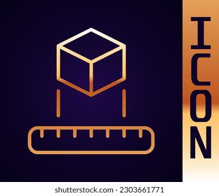 Gold line Isometric cube icon isolated on black background. Geometric cubes solid icon. 3D square sign. Box symbol.  Vector