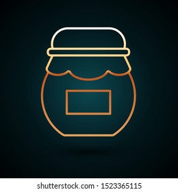 Gold line Jar of honey icon isolated on dark blue background. Food bank. Sweet natural food symbol.  Vector Illustration