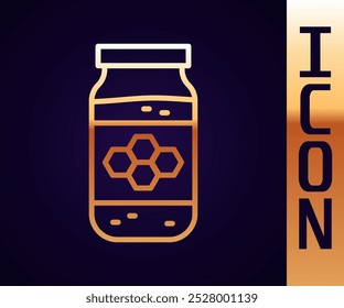 Gold line Jar of honey icon isolated on black background. Food bank. Sweet natural food symbol.  Vector