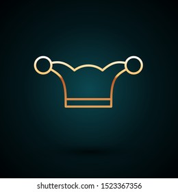 Gold line Jester hat with bells isolated on dark blue background. Clown icon. Amusement park funnyman sign.  Vector Illustration
