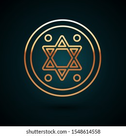 Gold line Jewish coin icon isolated on dark blue background. Currency symbol.  Vector Illustration