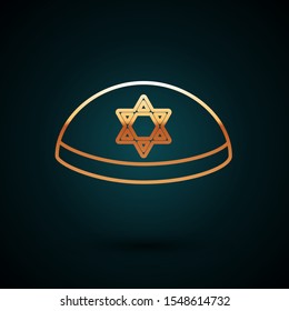 Gold line Jewish kippah with star of david icon isolated on dark blue background. Jewish yarmulke hat.  Vector Illustration