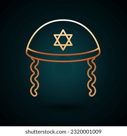 Gold line Jewish kippah with star of david and sidelocks icon isolated on dark blue background. Jewish yarmulke hat.  Vector