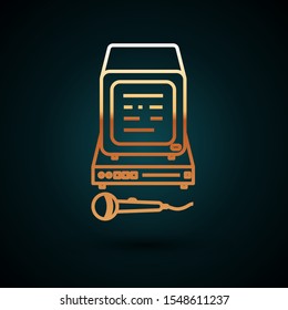 Gold line Karaoke icon isolated on dark blue background. Microphone and monitor.  Vector Illustration