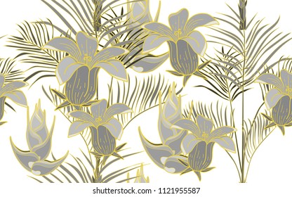 Gold line kentia. Palm leaves and exotic flowers composition. Vector illustration. Botanical seamless background. Digital nature art.