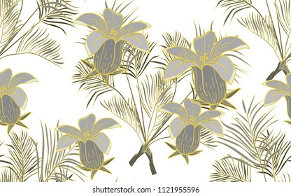 Gold line kentia. Palm leaves and exotic flowers composition. Vector illustration. Botanical seamless background. Digital nature art.