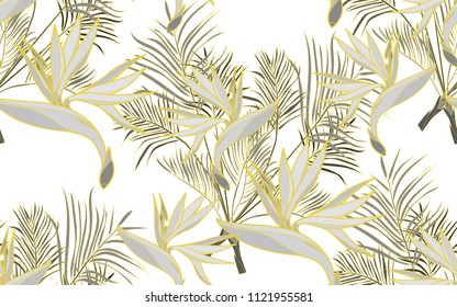 Gold line kentia and paradise bird flower. Palm leaves and exotic flowers composition. Vector illustration. Botanical seamless background. Digital nature art.