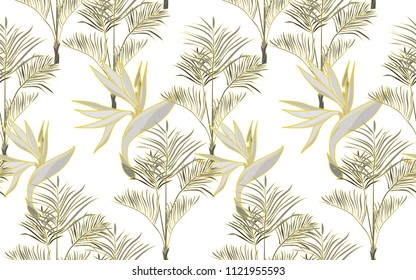 Gold line kentia and paradise bird flower. Palm leaves and exotic flowers composition. Vector illustration. Botanical seamless background. Digital nature art.